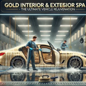Luxury vehicle receiving a full Gold Interior & Exterior Spa treatment at Lava GR in Wyoming, MI. A detailer deep cleans the interior with steam, while another technician polishes the exterior to a high-gloss finish. The car’s wheels, glass, and trim are fully restored, highlighting professional auto detailing services.
