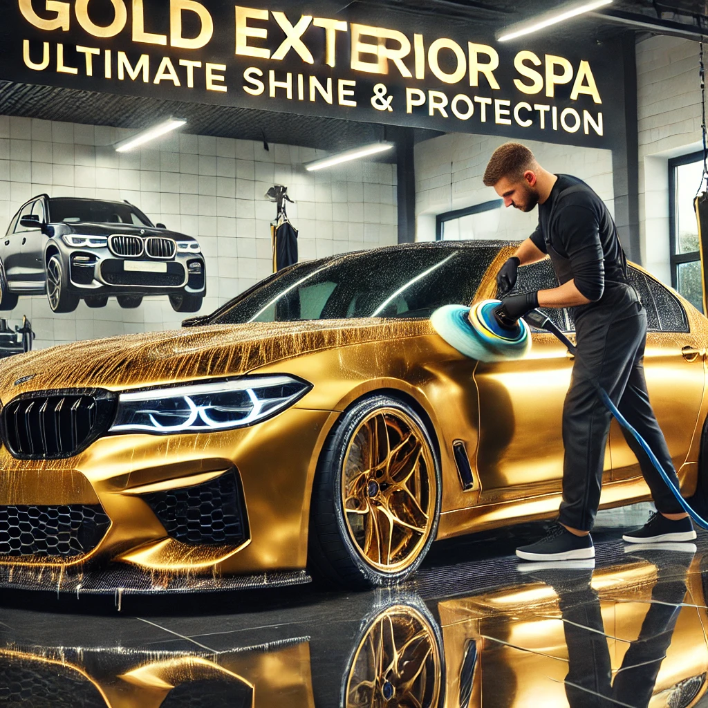 Exterior Restoration Detail Luxury vehicle receiving a professional Gold Exterior Spa treatment at Lava GR in Wyoming, MI. A detailer meticulously polishes the paint to a deep shine while another deep-cleans the wheels and glass surfaces. The background showcases a high-end auto detailing shop with advanced tools and lighting.