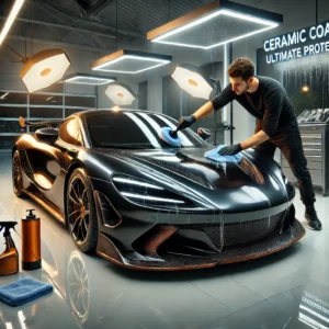 Luxury sports car receiving a professional ceramic coating application at Lava GR in Wyoming, MI. A detailer wearing gloves uses a microfiber applicator to create a high-gloss, hydrophobic finish. Bright shop lighting reflects off the ultra-smooth surface, showcasing the coating’s protective effects