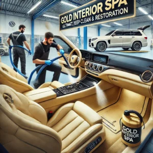 Luxury vehicle receiving a professional Gold Interior Spa treatment at Lava GR in Wyoming, MI. A trained detailer steam-cleans the seats and carpets, while another wipes down the dashboard and doors. The vehicle's interior looks spotless, refreshed, and professionally restored