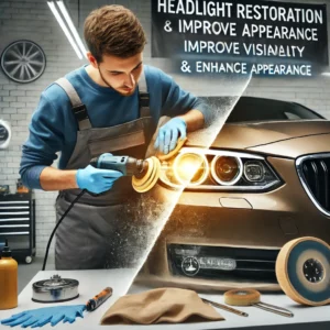 "A professional auto detailing technician restoring a foggy, yellowed headlight on a luxury car at Lava GR in Wyoming, MI. The technician uses a sanding and polishing tool, revealing a crystal-clear, like-new headlight while the other remains cloudy. The background features a clean, modern detailing facility."