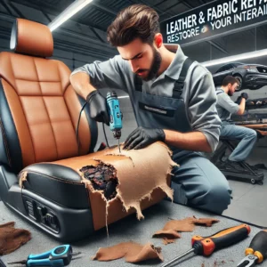 "A professional auto detailing technician repairing a torn leather car seat inside a high-end detailing shop at Lava GR in Wyoming, MI. The technician uses precision tools to fill and blend the damaged area while another technician repairs fabric upholstery, removing burns and tears. The shop features a clean, modern facility with professional detailing tools."