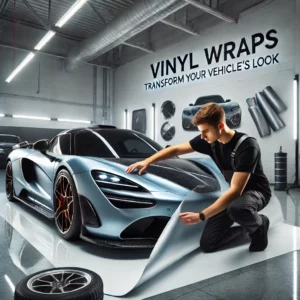 Luxury sports car receiving a professional vinyl wrap at Lava GR in Wyoming, MI. A technician applies a sleek, bubble-free wrap to the vehicle’s hood, ensuring a flawless transformation. The background features a high-end auto detailing shop with advanced tools and lighting.