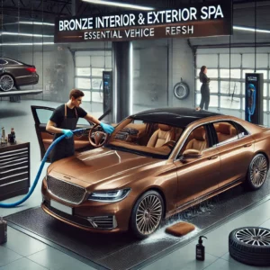 "Bronze luxury car receiving a professional Bronze Interior & Exterior Spa treatment at Lava GR in Wyoming, MI. A detailer vacuums the interior and wipes down the dashboard and console while another technician performs a light exterior wash and tire shine. The vehicle looks refreshed and well-maintained inside a modern auto detailing facility."