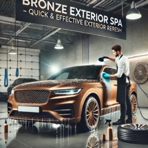 "Bronze luxury car receiving a professional Bronze Exterior Spa treatment at Lava GR in Wyoming, MI. A trained detailer carefully hand washes the exterior while another applies a light spray wax and tire shine. The car’s wheels are being cleaned, and the windows are streak-free, all done in a high-end auto detailing facility."