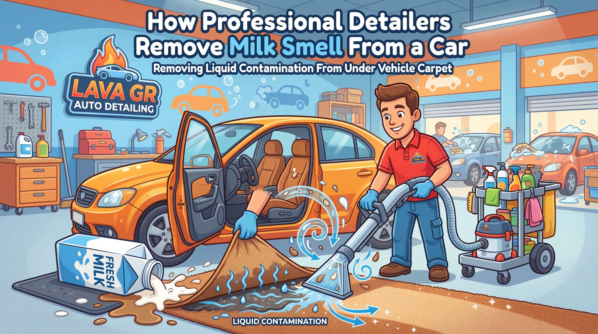 milk smell in car caused by liquid contamination under vehicle carpet