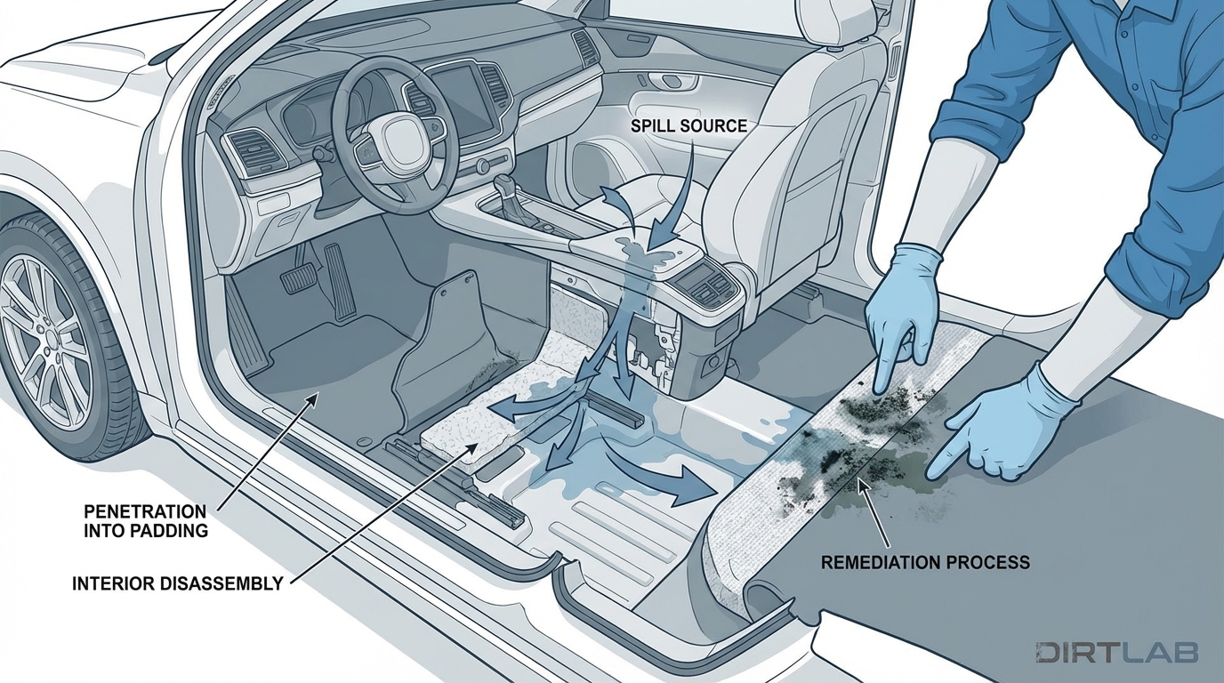 infographic showing vehicle interior biohazard remediation with seats removed and carpet lifted exposing padding and floor pan during contamination cleanup at lava gr auto detailing grand rapids michigan