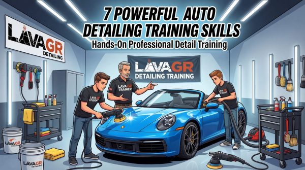 auto detailing training showing students learning paint polishing and interior detailing at Lava GR Auto Detailing in Grand Rapids Michigan