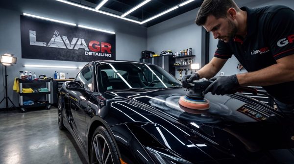 Technician polishing a vehicle during professional auto detailing training in Grand Rapids Michigan at Lava GR