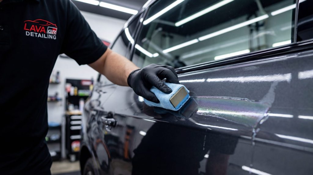 Technician applying ceramic coating to vehicle paint at Lava GR Detailing Grand Rapids Michigan