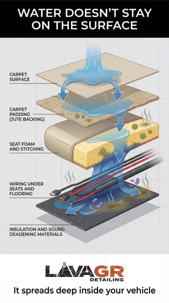 flood damage inside vehicle infographic showing water spreading through carpet padding seat foam wiring and insulation in grand rapids mi