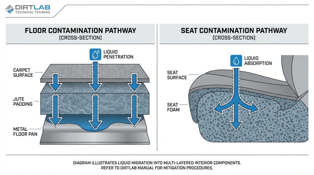 Flooded Car Cleanup in Grand Rapids: What To Do After Your Vehicle Takes On Water Flooded car interior showing water penetrating through carpet into jute padding during vehicle flood damage cleanup in Grand Rapids MI