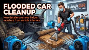 Blog Page flooded car cleanup showing carpet removed and interior drying at Lava GR Auto Detailing in Grand Rapids Michigan
