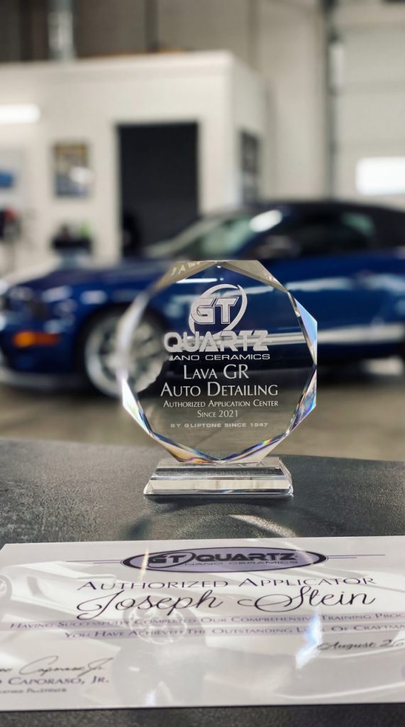GT Quartz ceramic coating certification plaque displayed at Lava GR Auto Detailing in Wyoming Michigan.