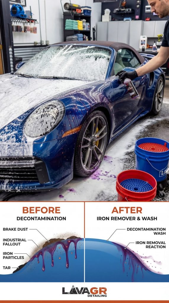 infographic showing iron remover decontamination before and after on Porsche paint during auto detailing process at Lava GR in Wyoming Michigan