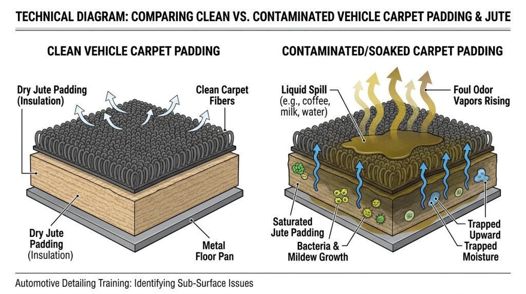 How to Remove Milk Smell From a Car Interior milk smell in car caused by liquid contamination under vehicle carpet including milk coffee and spilled drinks
