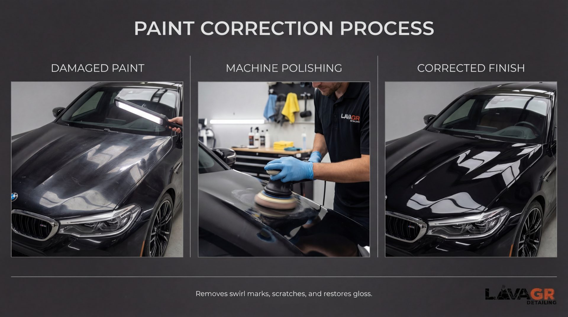 paint correction process on black car showing swirl removal and gloss restoration in Grand Rapids MI