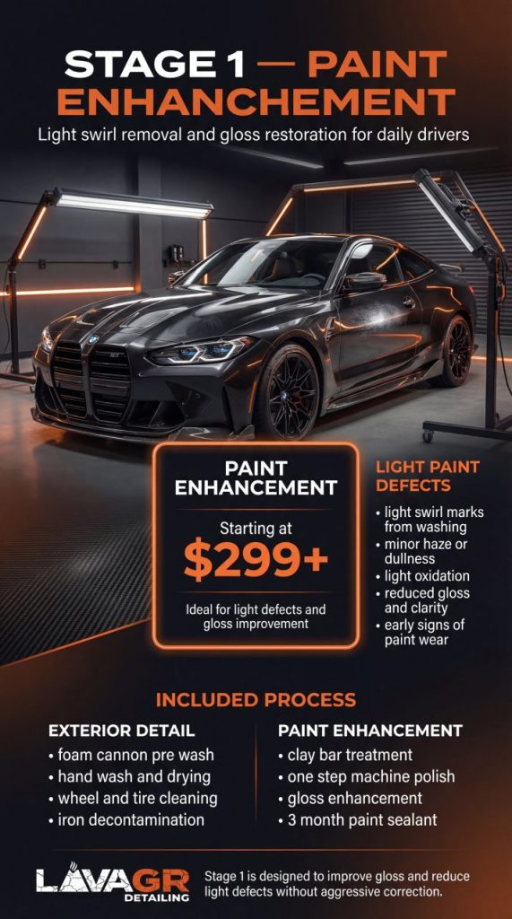 stage 1 paint enhancement showing light swirl removal and gloss improvement on black car in Grand Rapids MI