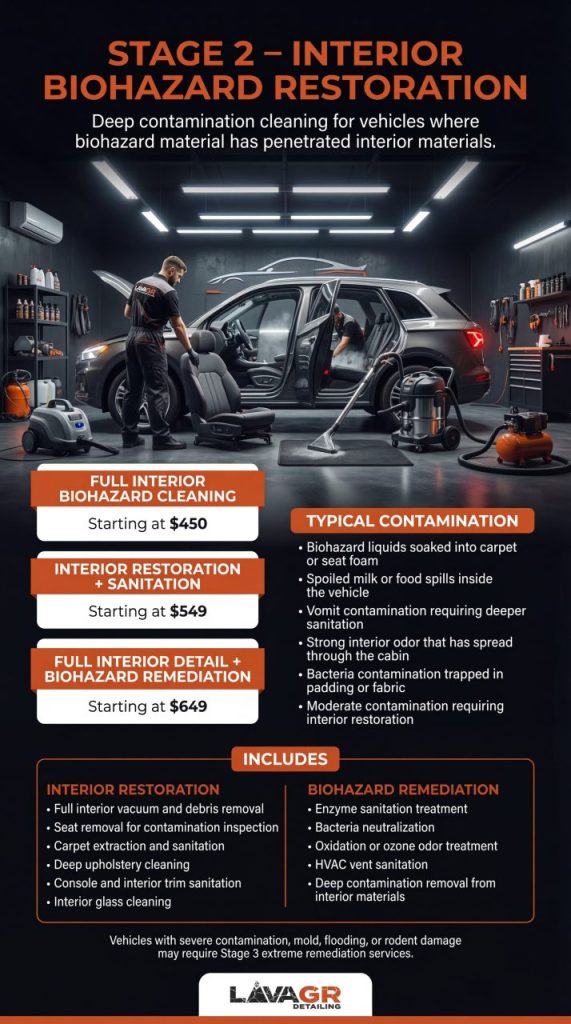 Stage 2 biohazard interior restoration infographic showing deeper contamination cleanup with seat removal, carpet extraction, and sanitation in Grand Rapids MI.