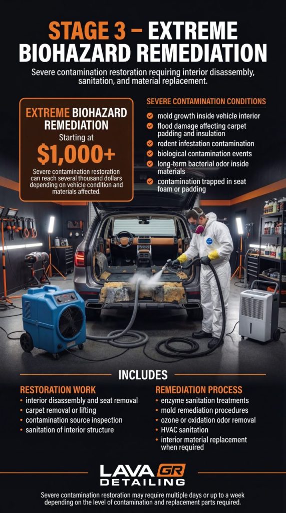 Stage 3 extreme biohazard vehicle cleaning infographic showing interior disassembly, mold remediation, and severe contamination restoration in Grand Rapids Michigan.