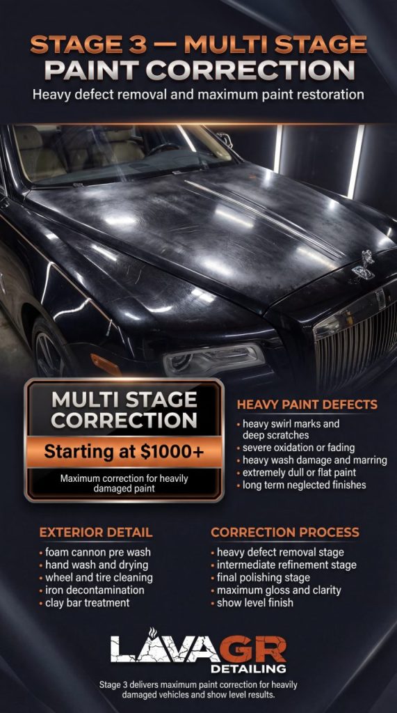 stage 3 paint correction showing heavy swirl removal and deep scratch correction on black car in Grand Rapids MI