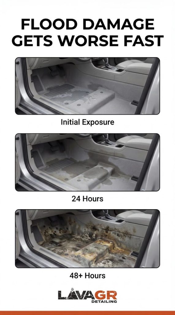 vehicle flood damage timeline showing moisture spread within 24 hours and mold growth after 48 hours Lava GR Auto Detailing Grand Rapids Michigan