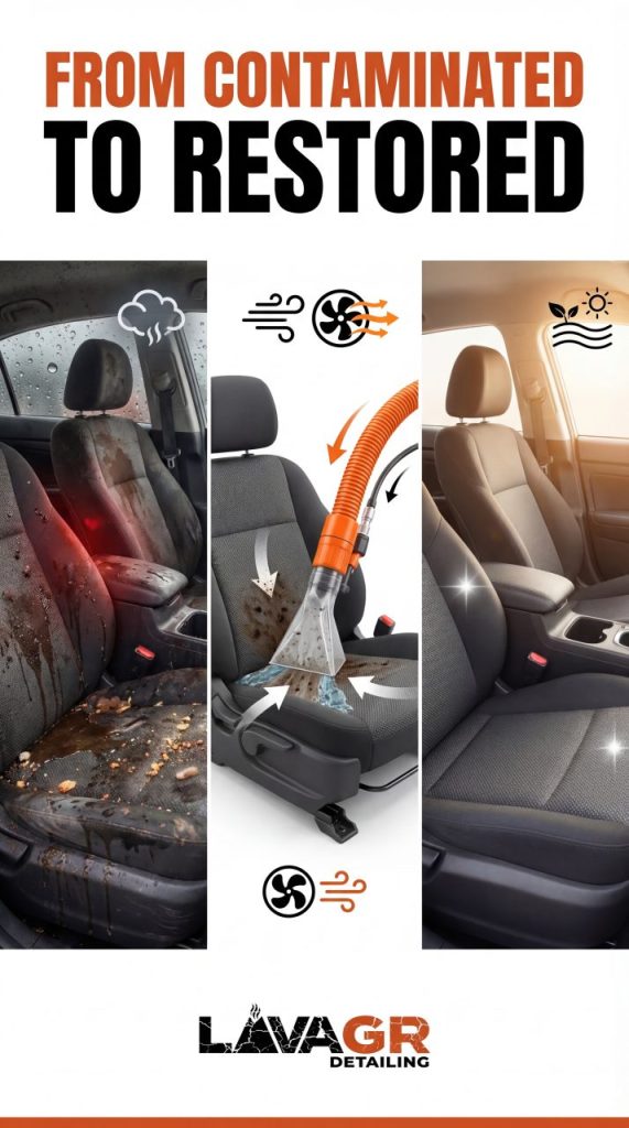 vehicle interior restoration before during after showing contamination extraction and clean result Lava GR Auto Detailing Grand Rapids Michigan