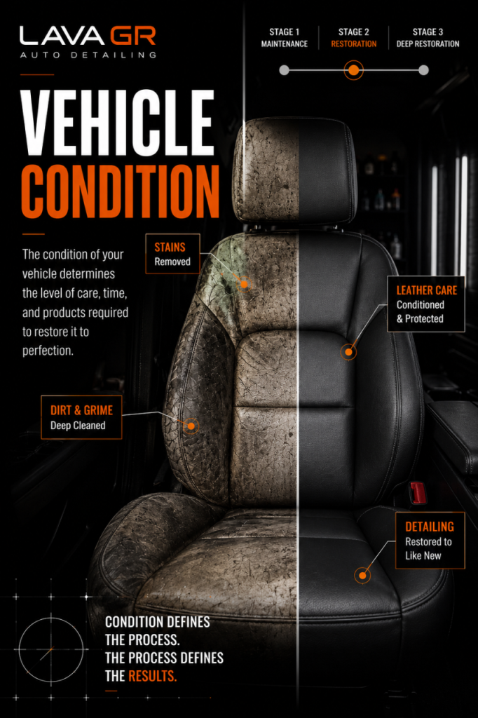 Before and after vehicle interior restoration showing how vehicle condition affects professional auto detailing pricing at Lava GR Auto Detailing in Grand Rapids, Michigan.