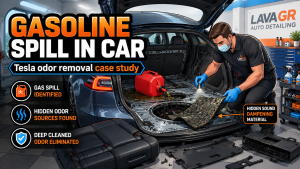 Blog Page Gasoline spill in car Tesla odor removal at Lava GR Auto Detailing in Grand Rapids Michigan