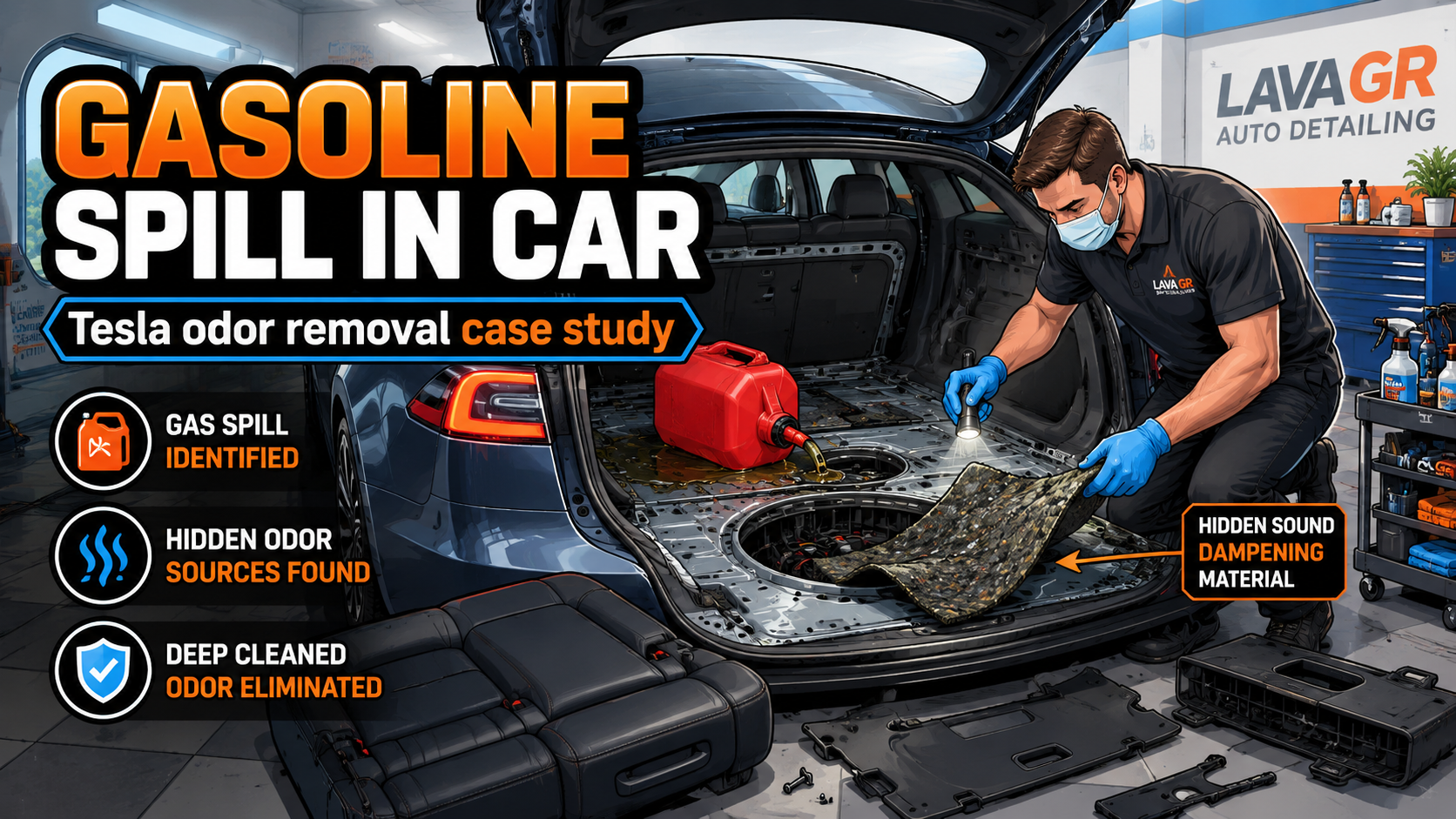 Gasoline spill in car Tesla odor removal at Lava GR Auto Detailing in Grand Rapids Michigan